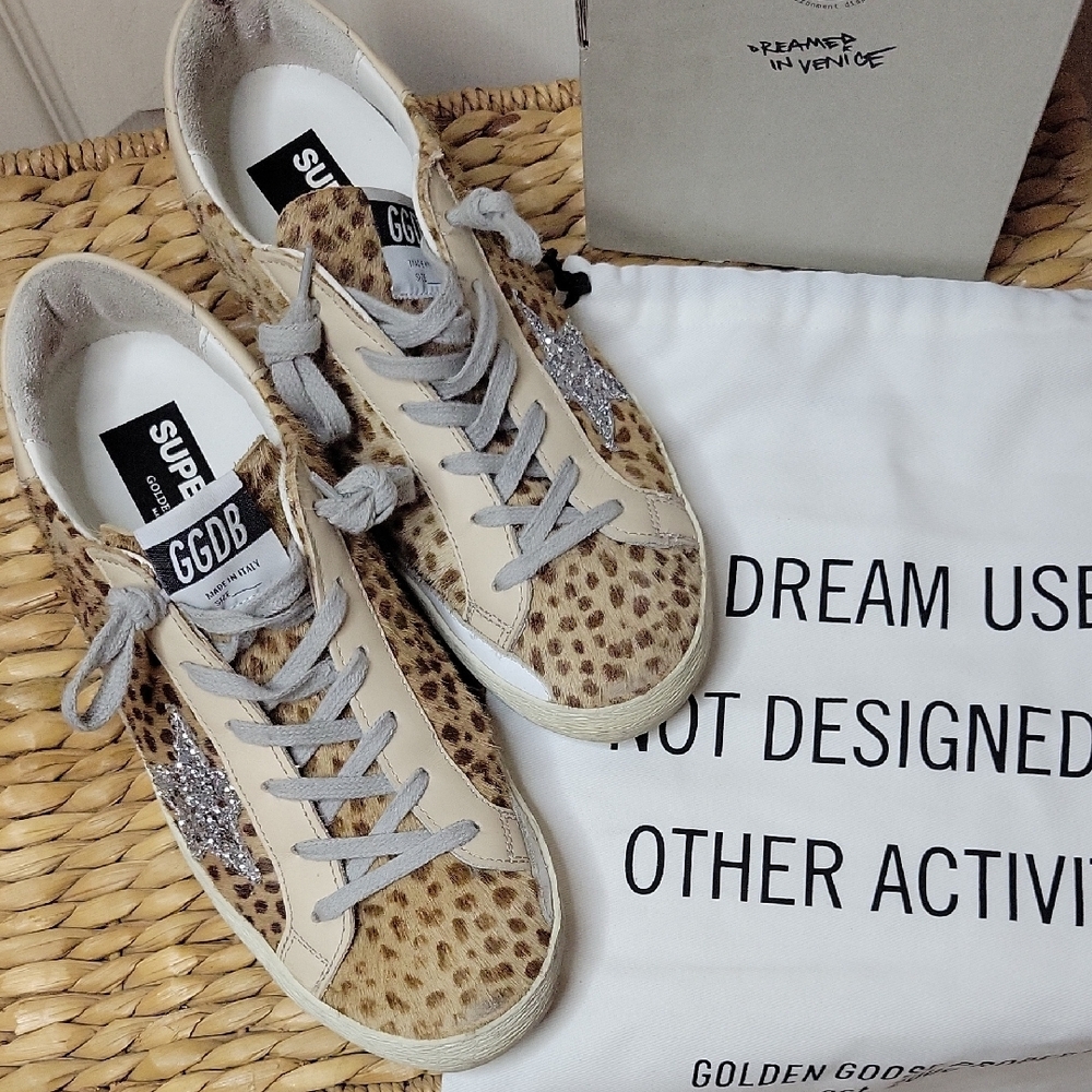 Golden Goose Gray and Brown Sneakers with Chic Leopard Print